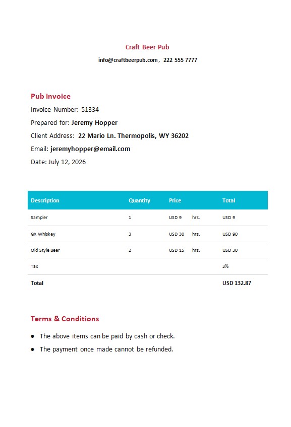 Free Pub Invoice Template PSD template